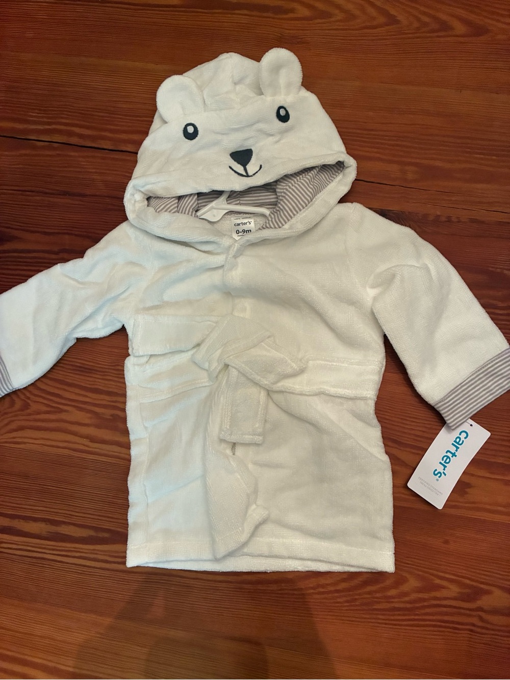 Carter's Cream Hooded Polar Bear Baby Robe with Striped Trim